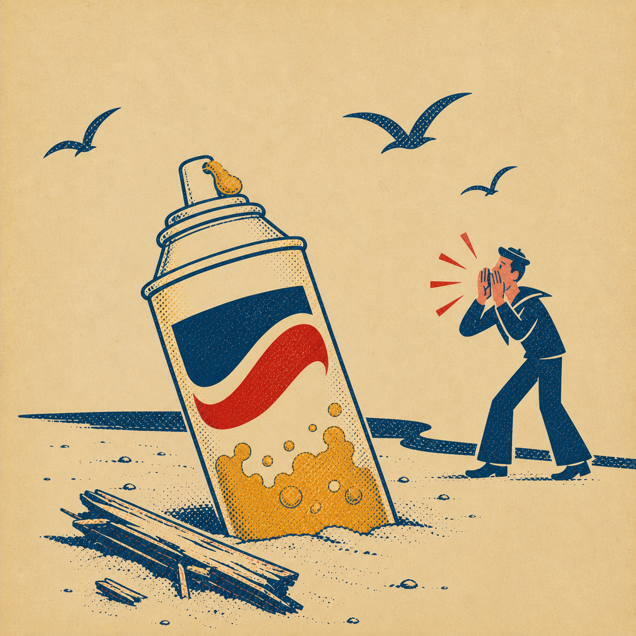 A washed-up spray can of cheese food half-buried on a beach with cheese foam spilling onto driftwood; a sailor on the right cups his hands and shouts toward it; navy seabirds overhead. Mid-1950s Dutch package illustration style.