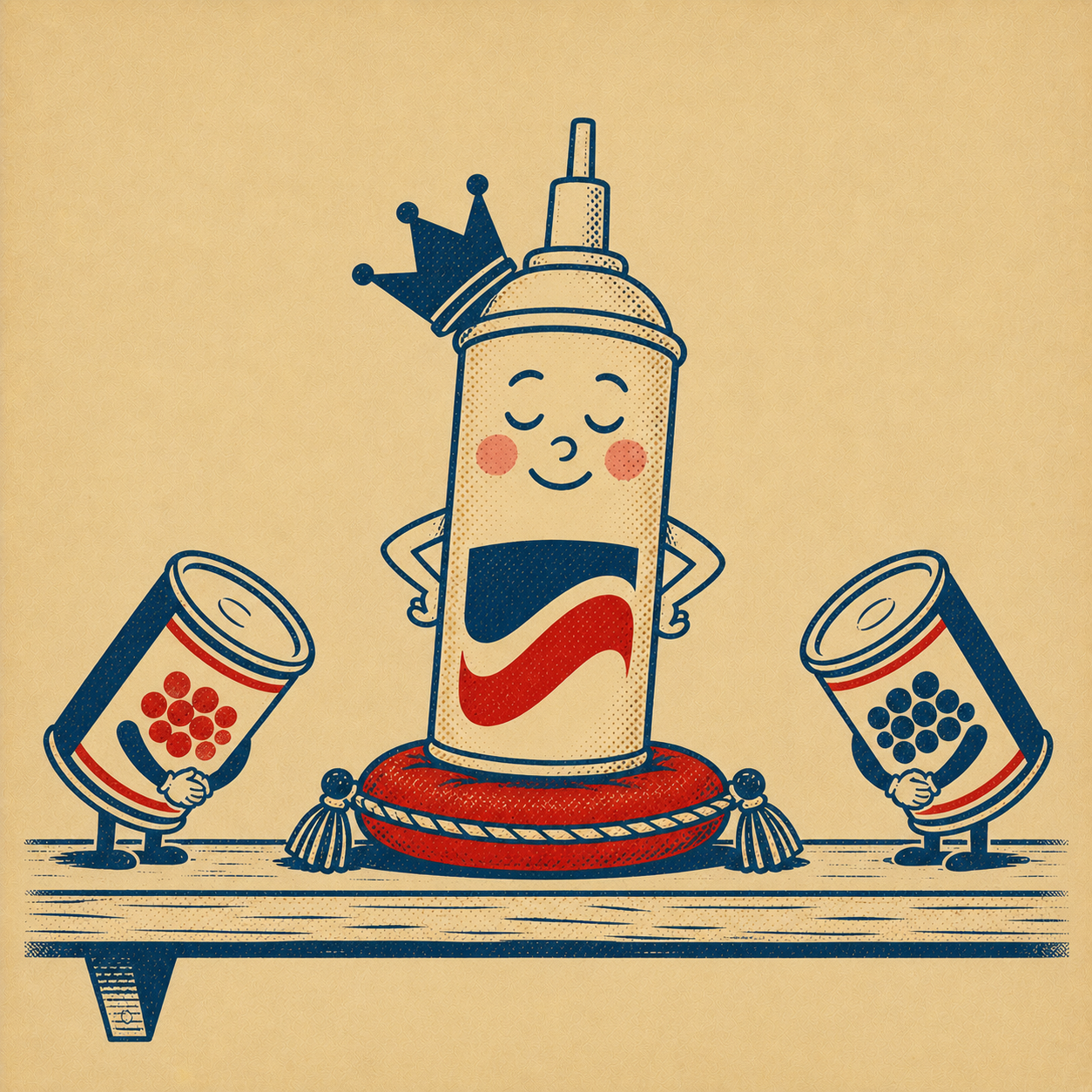 A smiling cheese food jar with a small navy crown sits on a red velvet pillow on a grocery shelf, flanked by stylized cans of beans and peas as bowing subjects, in mid-1950s Dutch package illustration style.