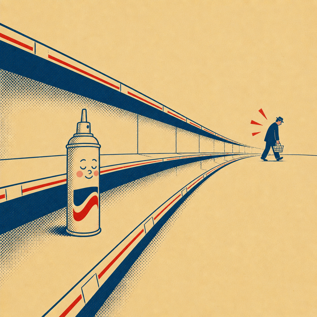 A lone cheese food can with a sad smile sits on the front edge of an empty grocery aisle stretching to the horizon; in the far distance a small shopper walks away with an empty basket, red action lines around him. Mid-1950s Dutch package illustration style.