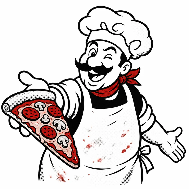 Chef holding a slice of pizza, winking