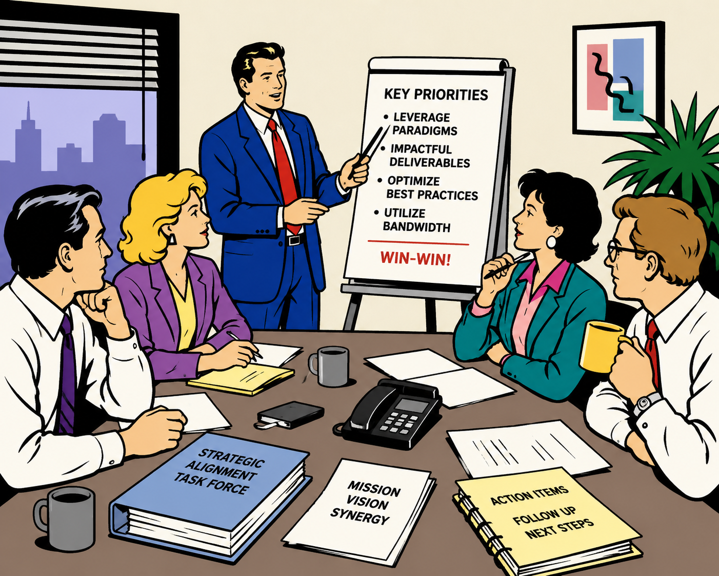 Cartoon of a long meeting table full of bored, glazed-over office workers.