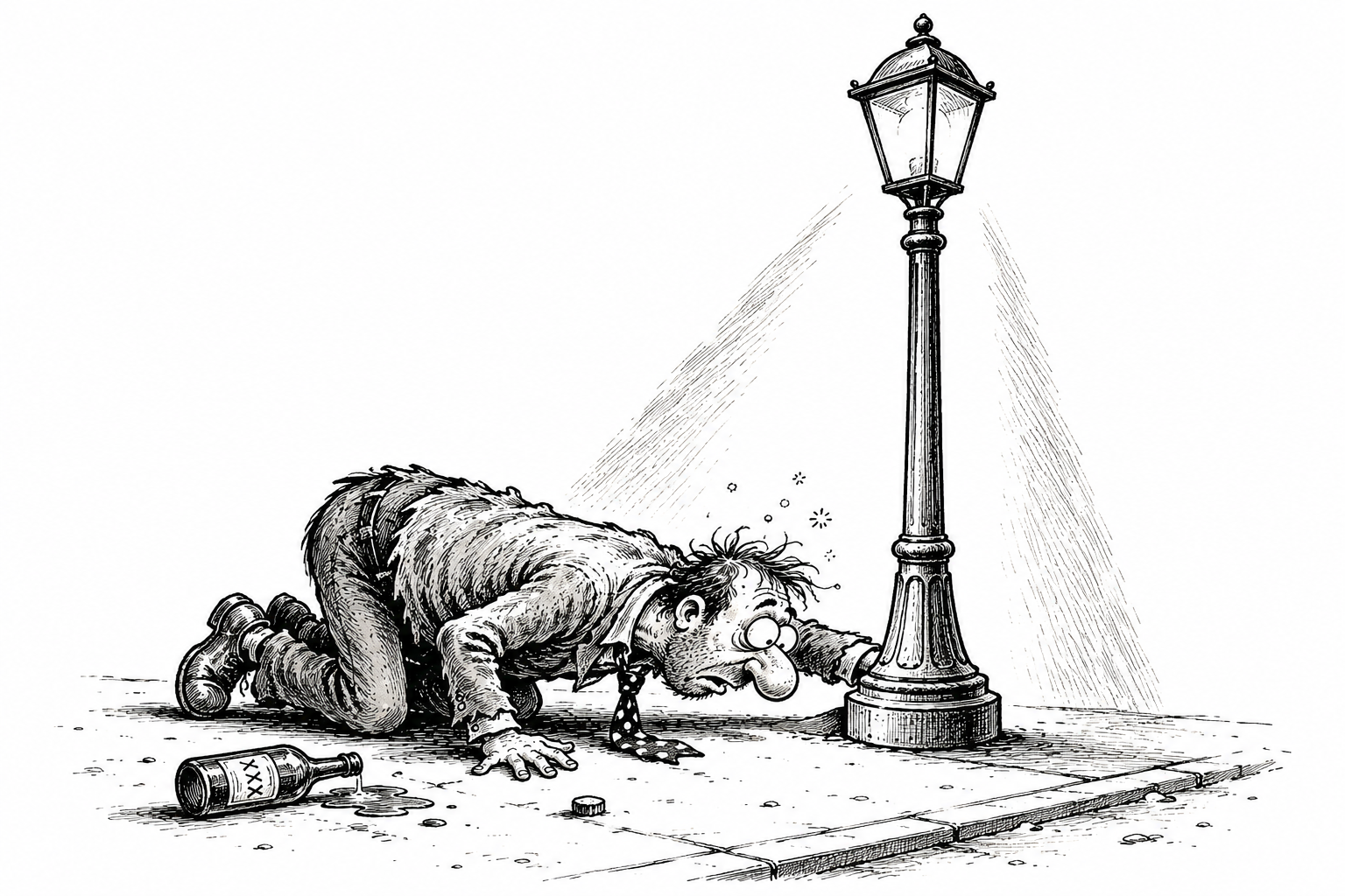 Cartoon of a drunk man on his hands and knees beside a streetlight, an empty bottle behind him.