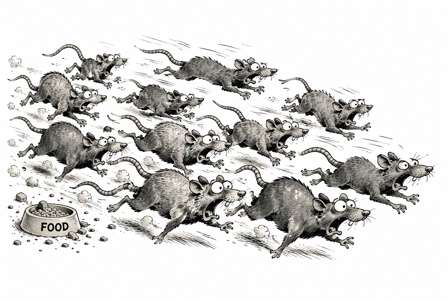Cartoon of a pack of wide-eyed rats running away from an untouched bowl labelled FOOD.