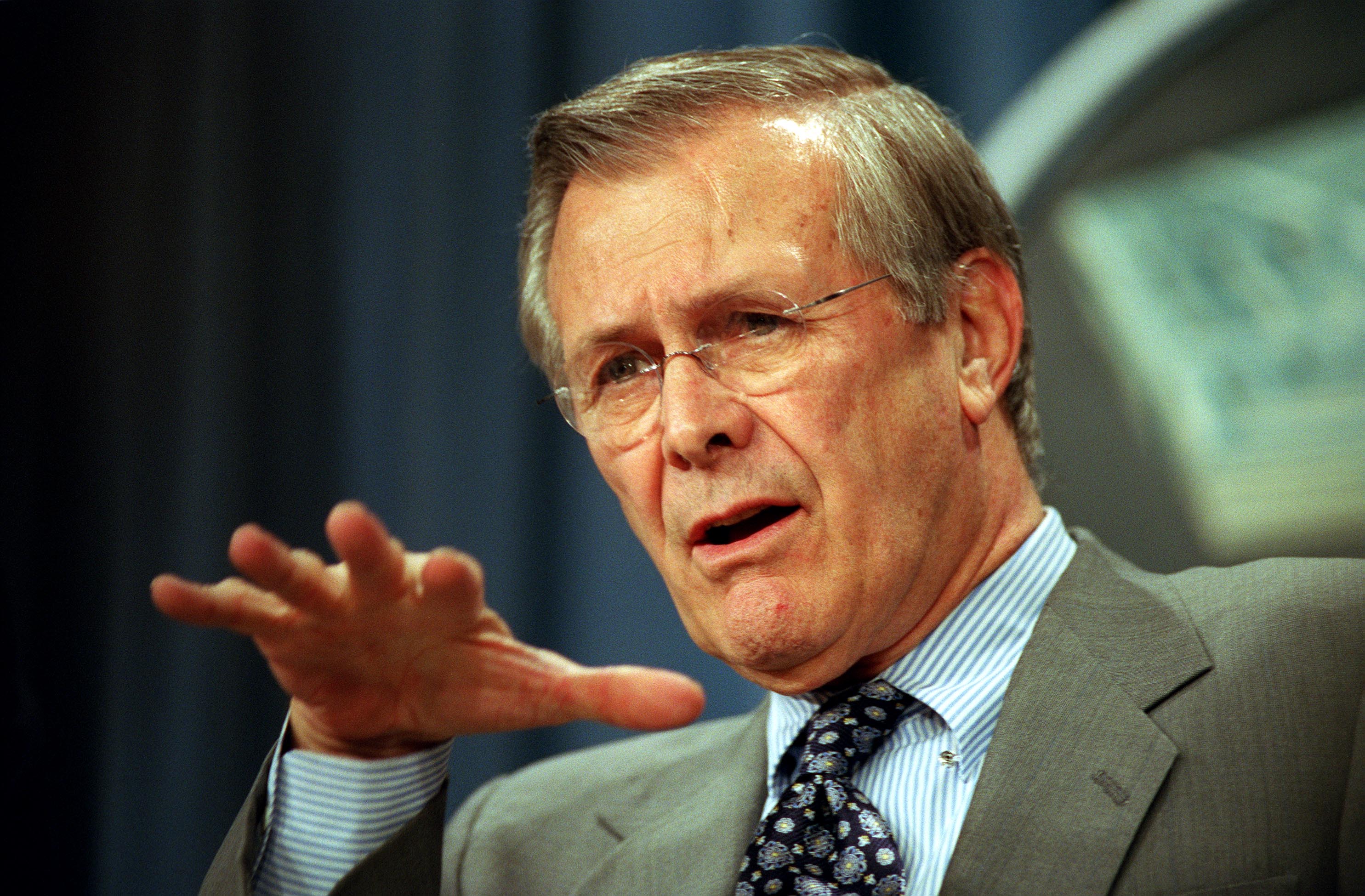 Donald Rumsfeld at a Pentagon news briefing, February 12, 2002.
